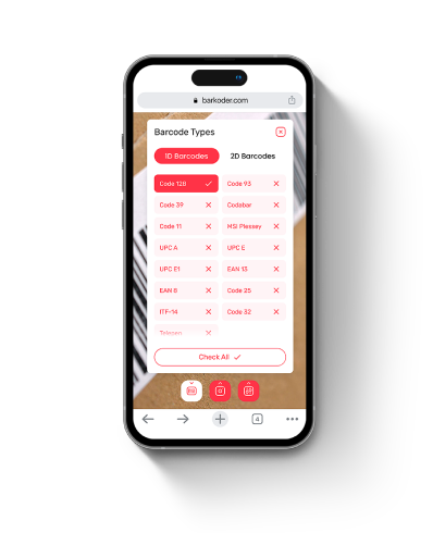 barKoder Web SDK demo on iPhone with the 1D barcode types menu and Code 128 enabled