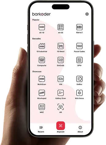 Hand holding a phone with the barKoder demo app home screen of scan templates