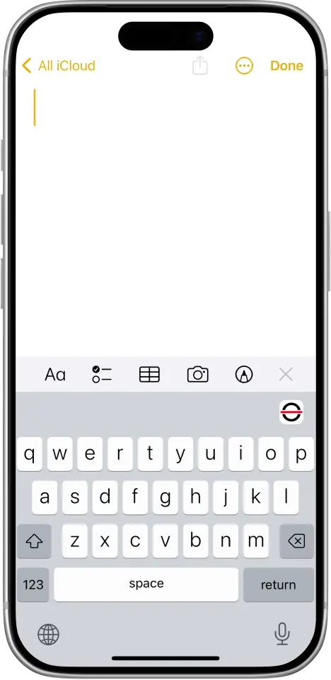 barKoder Keyboard open under a notes app, with the barKoder scan button above the keys