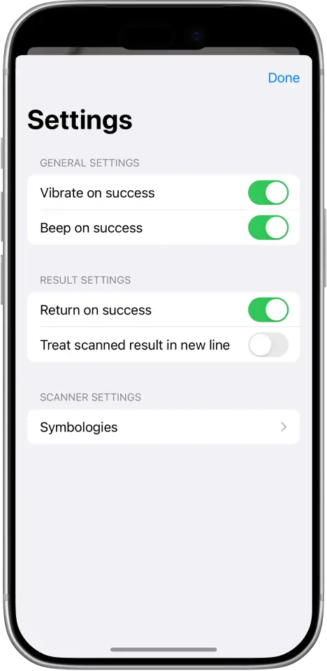 barKoder Keyboard settings: vibrate and beep on success, return on success, new line, symbologies