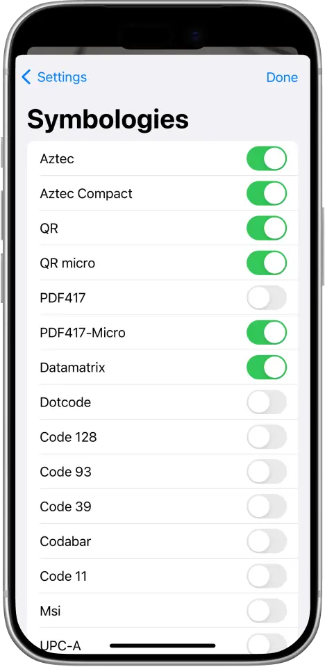 barKoder Keyboard symbology list with switches for Aztec, QR, PDF417, Data Matrix, DotCode and Code 128