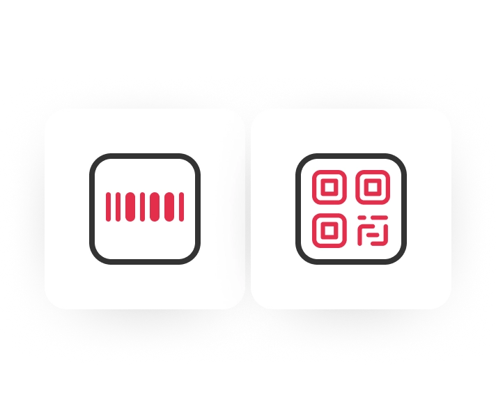 1D barcode and 2D QR code icons representing supported barcode types