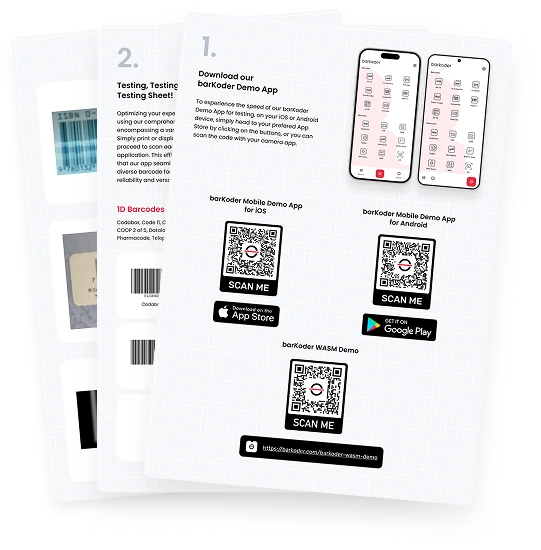 barKoder testing sheet pages with demo app QR codes and sample 1D barcodes
