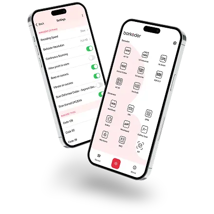 Two iPhones showing the barKoder demo app settings and home screen for the free trial