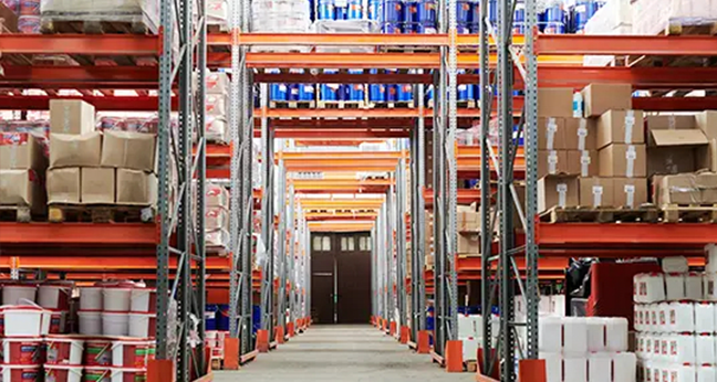 Warehouse aisle with tall pallet racks full of boxes, a continuous scanning use case