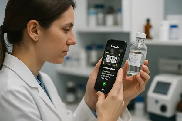 Lab worker scanning a vial barcode with a phone showing composition details