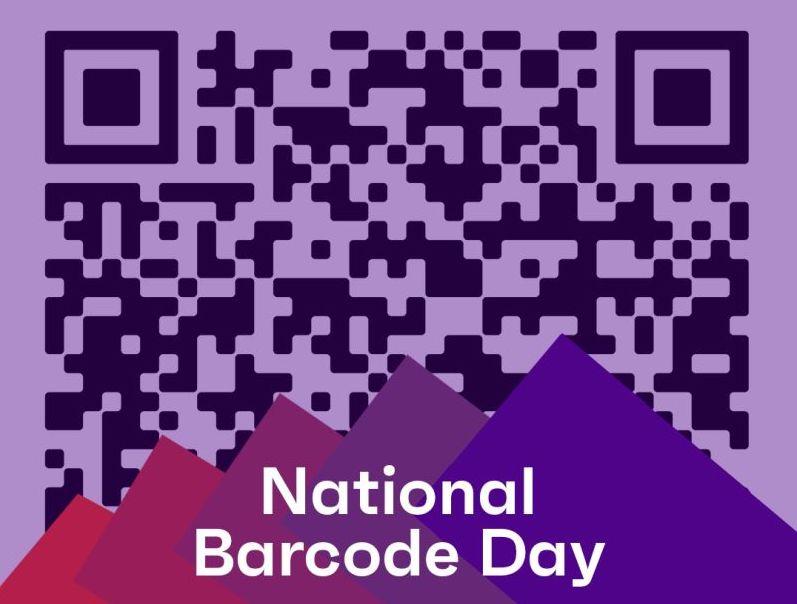 Purple QR code with the words National Barcode Day