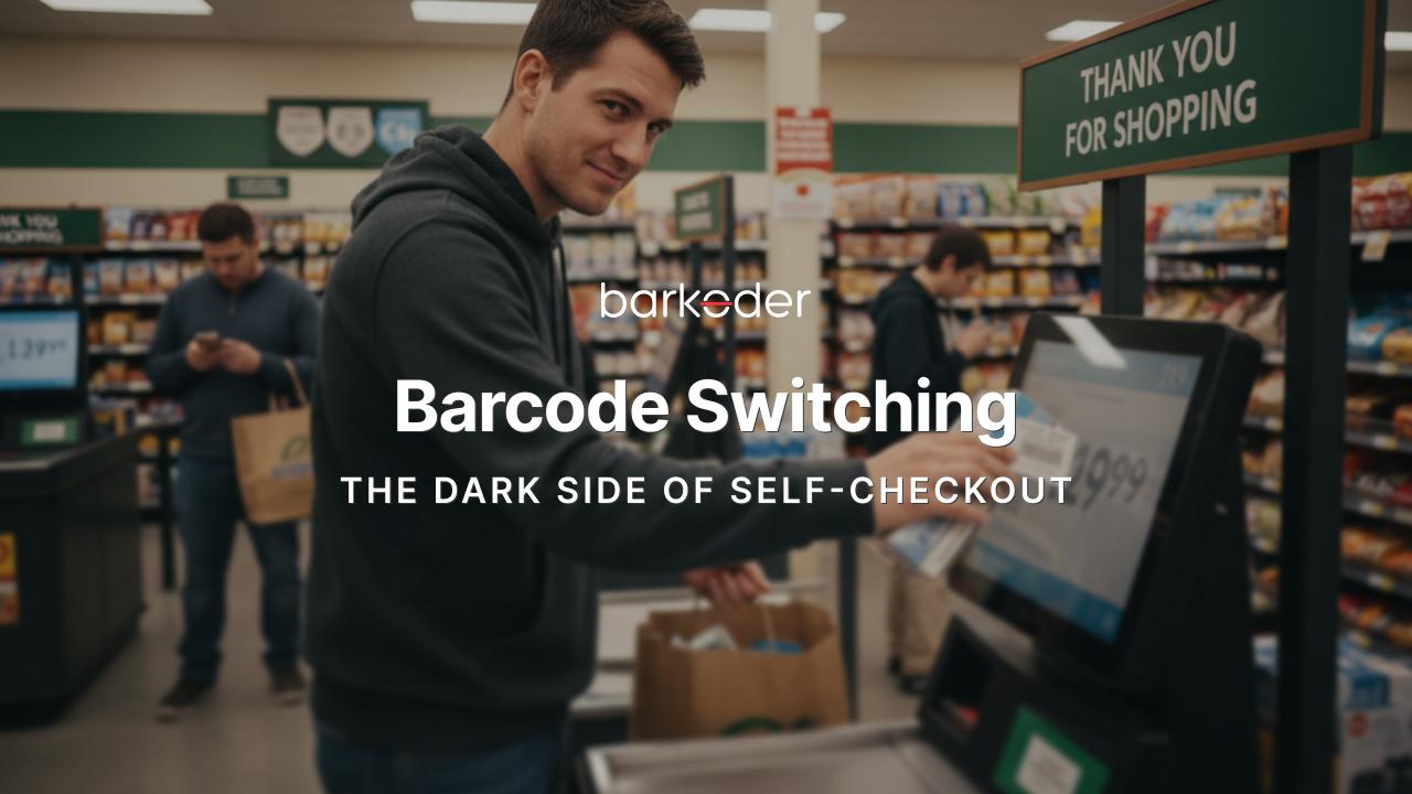 Shopper at a self-checkout holding a product, illustrating barcode switching theft