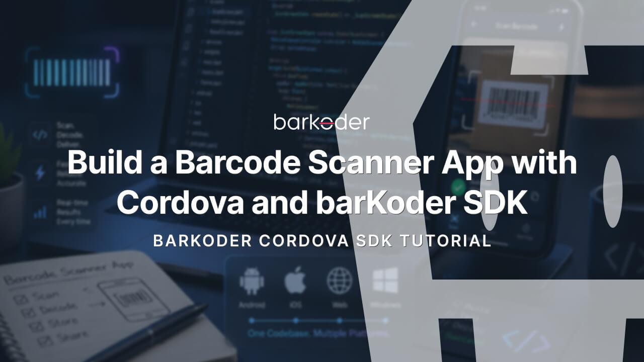 Cordova logo over a laptop with code, barKoder Cordova SDK tutorial