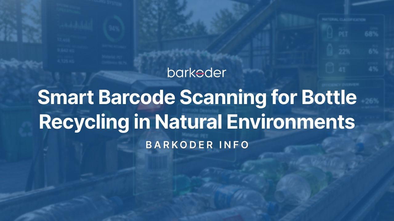 Plastic bottles on a recycling conveyor with barcode scanning data overlays