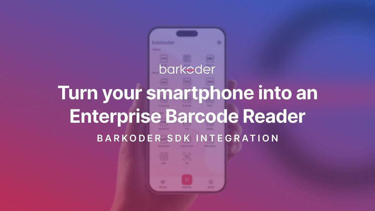 Hand holding a smartphone running the barKoder barcode scanner app