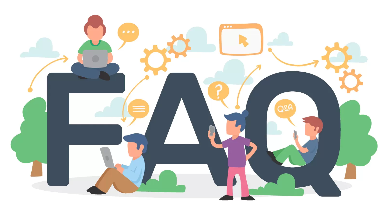 People with laptops and phones around large FAQ letters