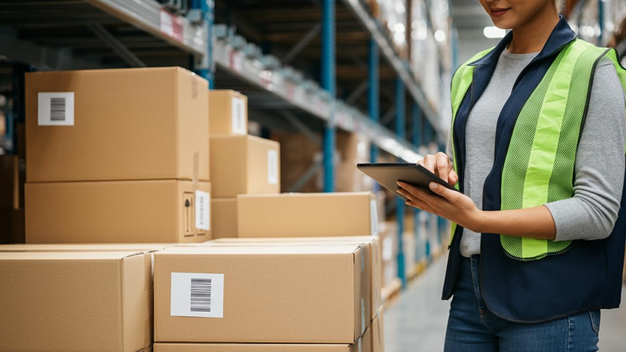Warehouse worker with a tablet checking barcoded cardboard boxes