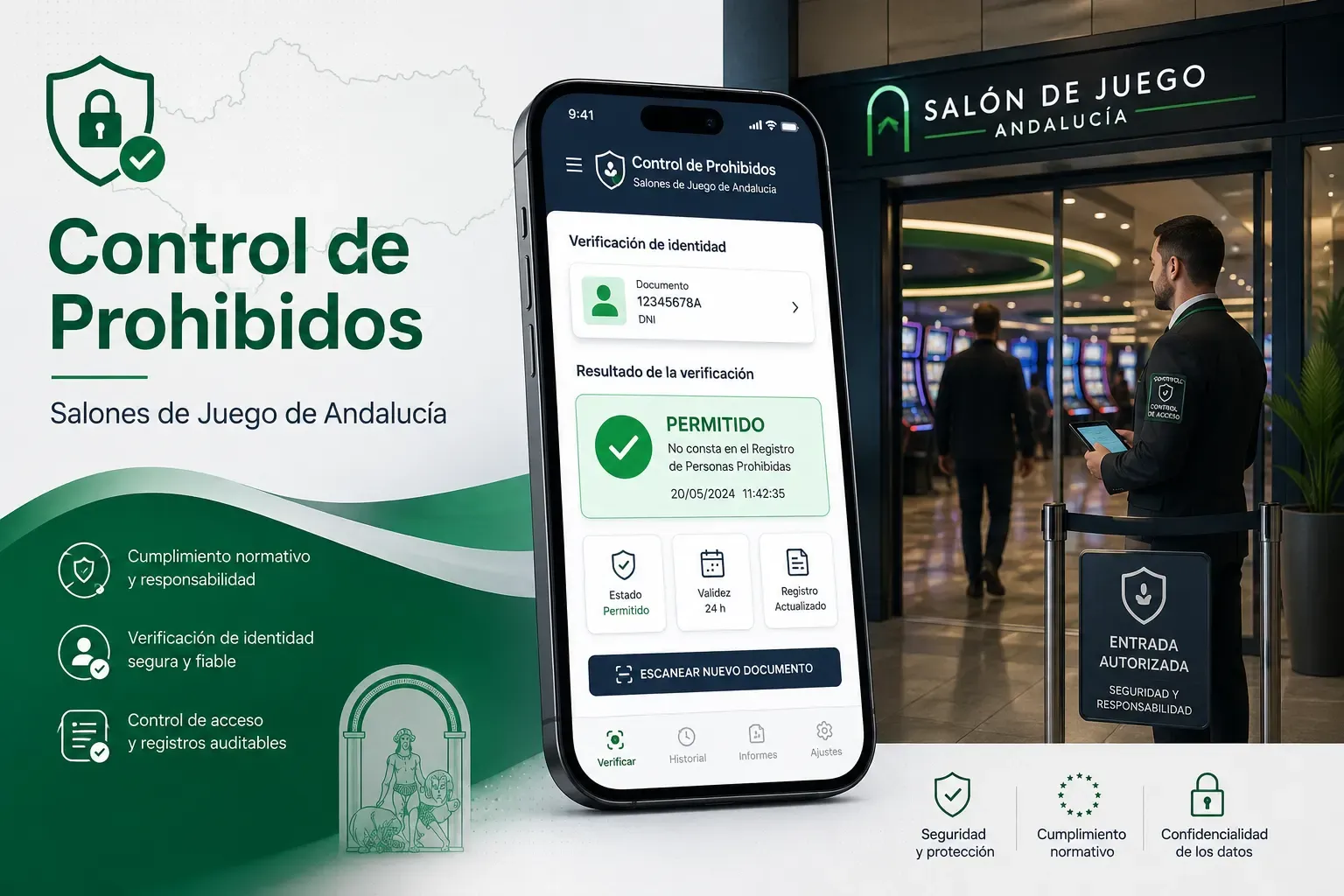 Control de Prohibidos app verifying a DNI ID at the entrance of an Andalusian gaming hall
