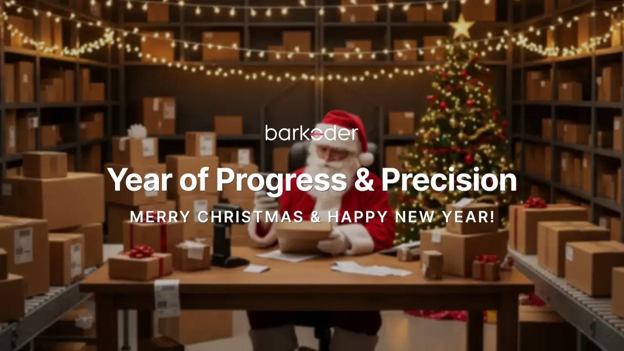Santa scanning parcels in a festive warehouse, barKoder holiday greeting