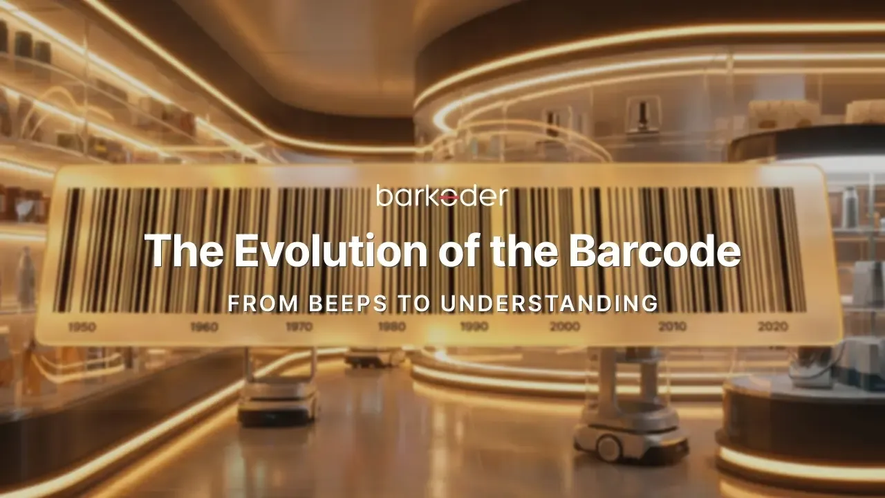 Golden barcode with a 1950 to 2020 timeline in a futuristic store