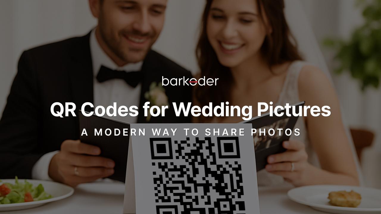 Wedding couple at a table with a QR code card for sharing photos