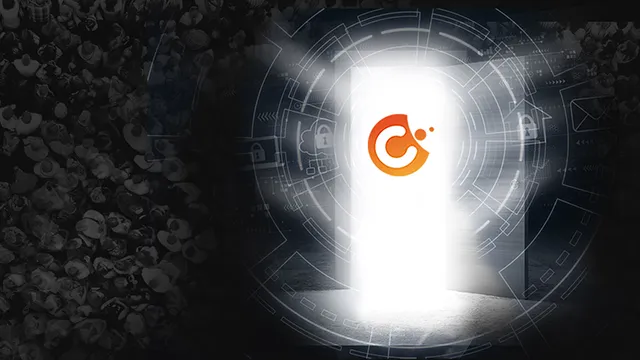 Contactable logo glowing in an open doorway surrounded by digital security icons