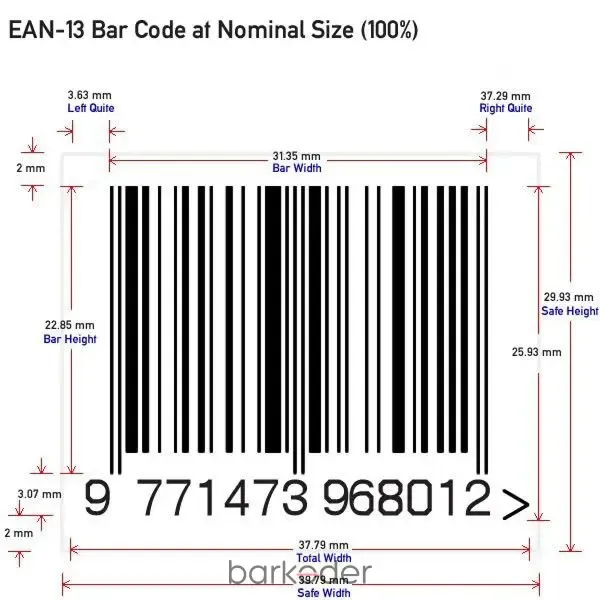 EAN-13 barcode at nominal size with quiet zone and dimension measurements