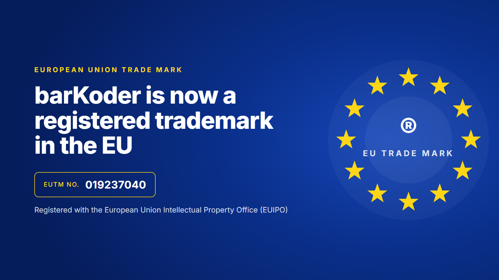 EU trade mark card: barKoder is a registered trademark in the EU, EUTM No. 019237040