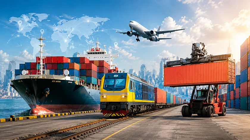 Cargo ship, freight train, airplane and container forklift at a logistics port