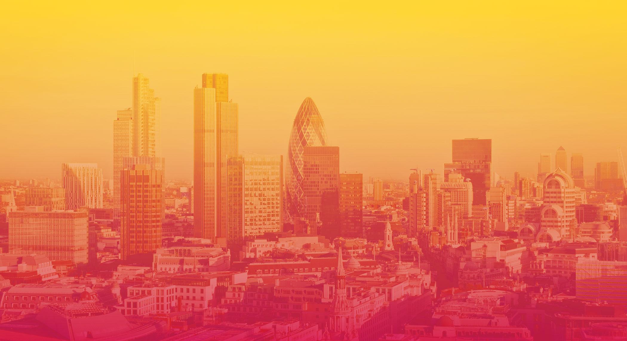 London City skyline with the Gherkin in a yellow and pink tint, Servicesoft story cover