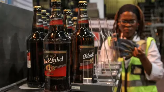 Beer bottles on a production line with a worker inspecting them