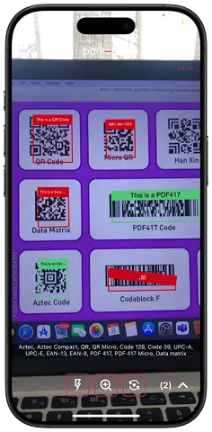 barKoder AR mode on iPhone highlighting QR, Data Matrix, PDF417 and Aztec codes on a screen