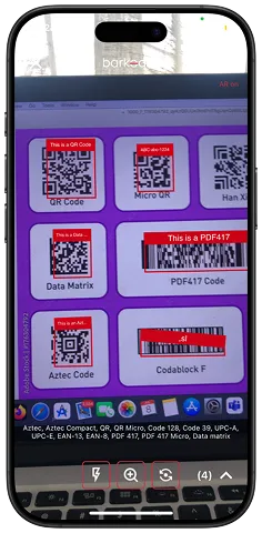 barKoder AR scanning showing labeled overlays on multiple barcodes, four codes detected