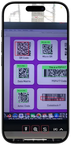 barKoder AR scanning marking decoded barcodes green while still reading the rest