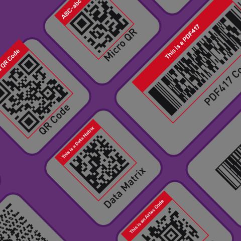 AR visuals sample: QR, Micro QR, Data Matrix, PDF417 and Aztec codes with red text labels
