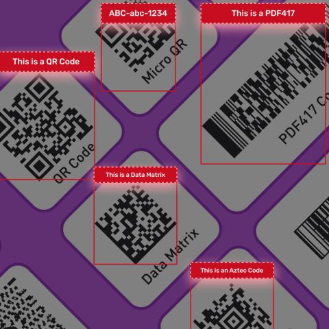 AR visuals sample: barcode overlays with glowing dashed red label borders