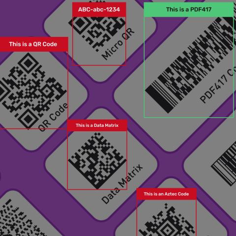 AR visuals sample: decoded PDF417 highlighted green while other codes stay red
