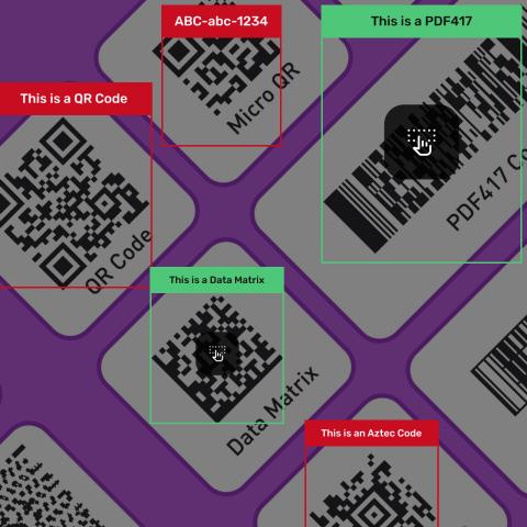AR visuals sample: tap-to-select icons on green-highlighted PDF417 and Data Matrix codes