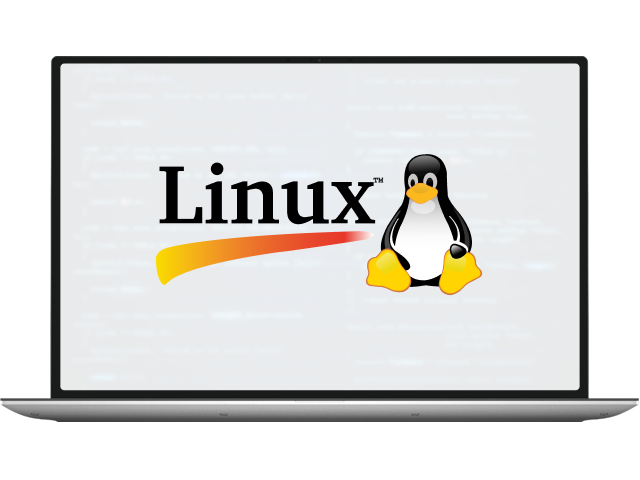 Laptop showing the Linux logo and Tux penguin for the barKoder SDK on Linux