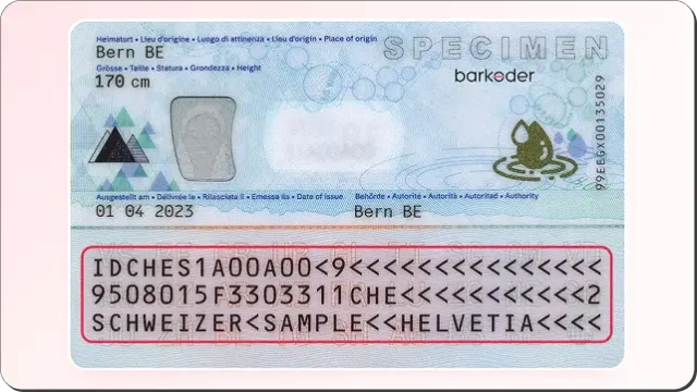 Back of a sample Swiss ID card with its three MRZ lines highlighted