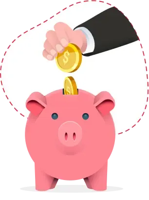 Hand dropping a gold coin into a pink piggy bank, illustrating pricing