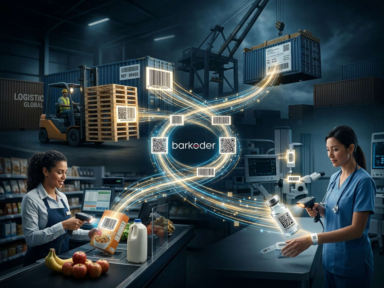 Barcodes used in logistics, retail checkout and healthcare, connected by barKoder