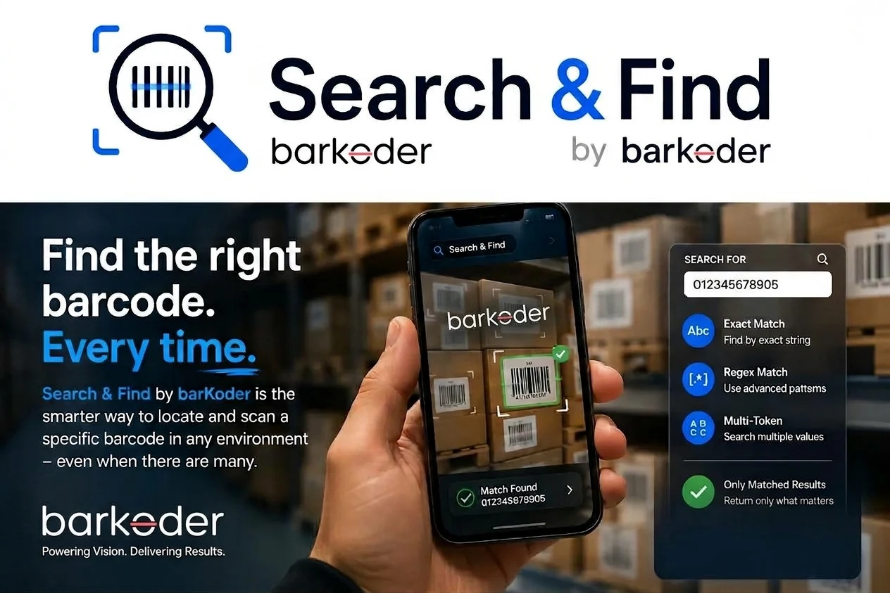 Search & Find by barKoder locating one specific barcode among many boxes in a warehouse