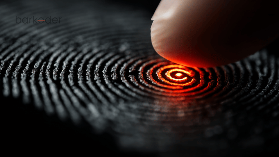 Finger touching an illuminated fingerprint pattern representing biometric scanning.