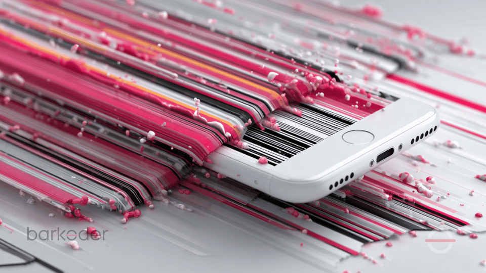 Phone blending into barcode lines illustrating integrated scanning capability.
