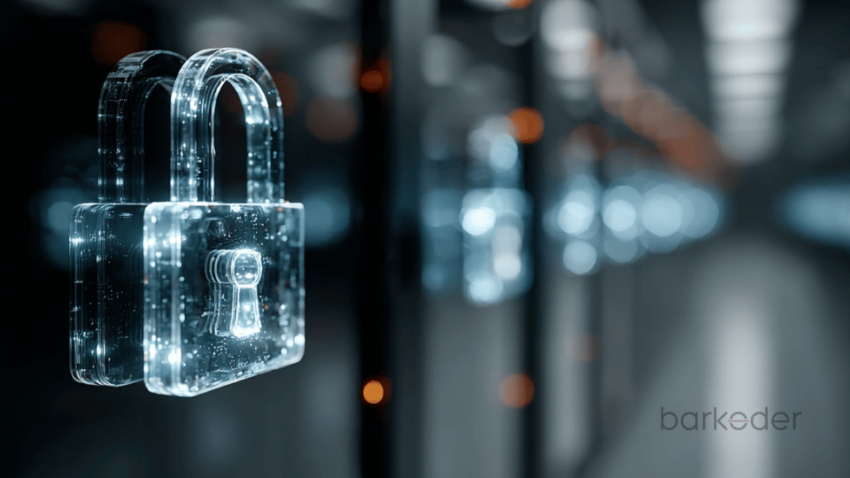 Transparent digital padlock icon glowing in a technology corridor.