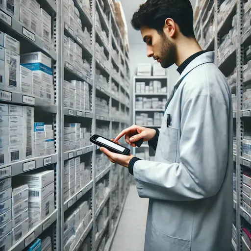 Pharmacy worker scanning boxed medical supplies on shelves with a smartphone
