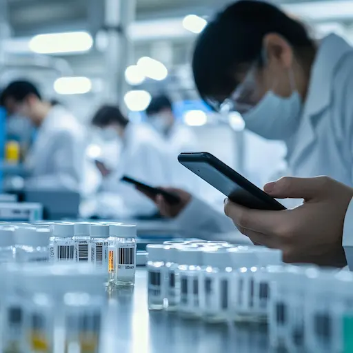 Lab technician scanning barcoded sample vials with a phone