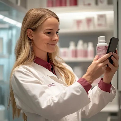 Pharmacist scanning a medicine bottle with a smartphone